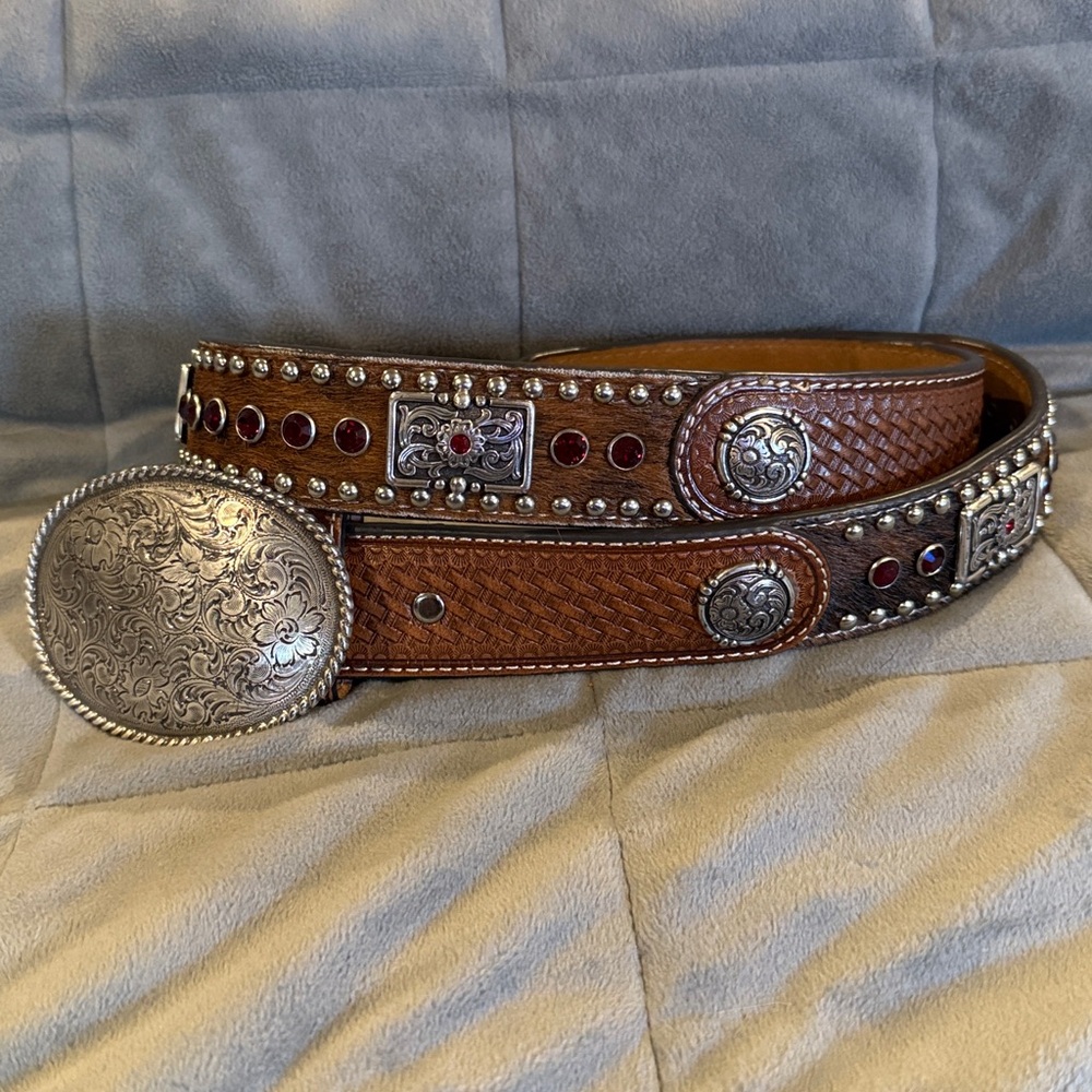 Nocona Brown Leather Belt with Silver and red  Accents